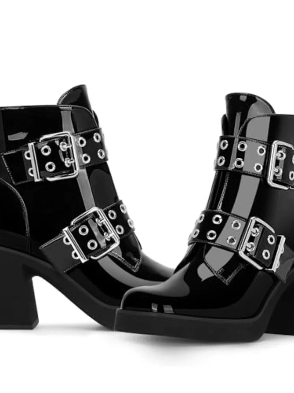 Patent Leather Chunky Heel Buckle Ankle Boots Side Zipper Platform Booties